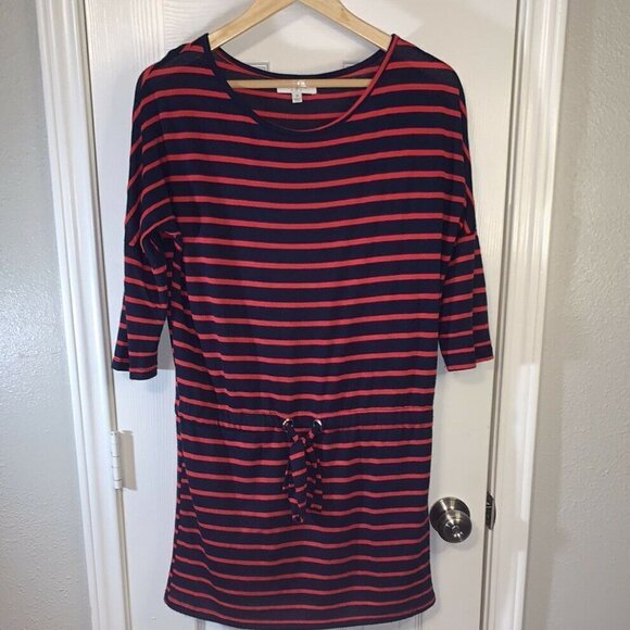 Umgee Red & Navy Striped Pullover Tie Waist Terry Cloth Casual Dress size Medium - Picture 2 of 7